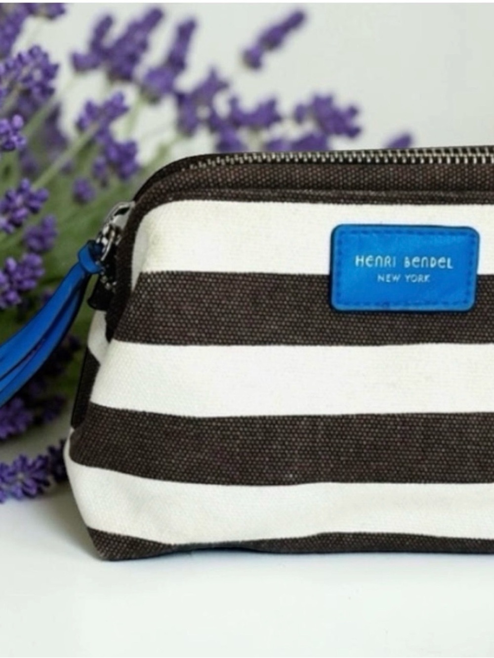 henri bendel Black and White Striped Wristlet with Blue Accent